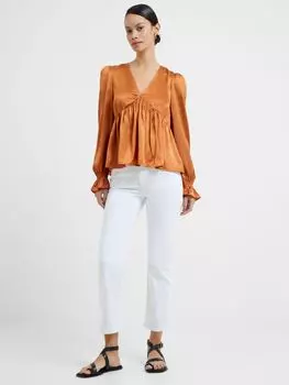 Атласная блузка French Connection Inu с длинными рукавами и V-образным вырезом, медовая бронза