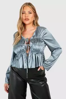 Атласная блузка Plus с завязками спереди boohoo, серый