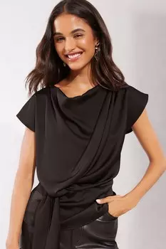 Атласная блузка с длинными рукавами и деталью на талии Friends Like These, черный