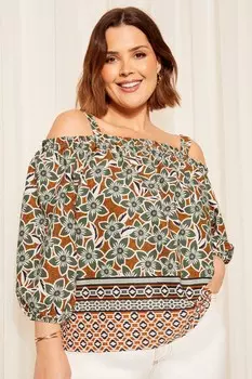 Атласная блузка с длинными рукавами вырезом бардо и тонкими бретелями Curves Like These, коричневый