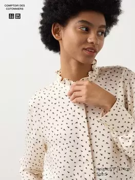 Атласная блузка с оборками принтом Uniqlo, бежевый
