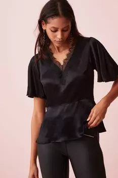 Атласная блузка с расклешенными рукавами и кружевом Next, черный