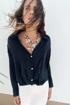 Атласная блузка с узловыми деталями ZARA, синий