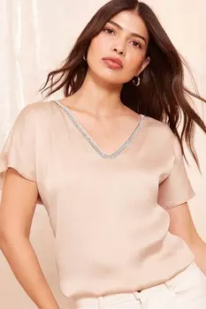 Атласная блузка с V образным вырезом и короткими рукавами Friends Like These, бежевый