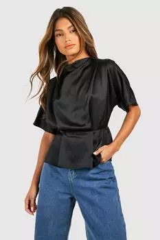 Атласная блузка с высоким воротом Boohoo, черный
