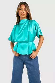 Атласная блузка с высоким воротом Boohoo, зеленый