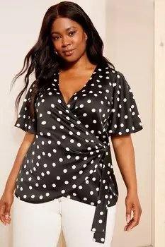 Атласная блузка с запахом с короткими рукавами Curves Like These, черный