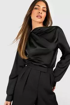 Атласная блузка с завиванным вырезом Boohoo, черный