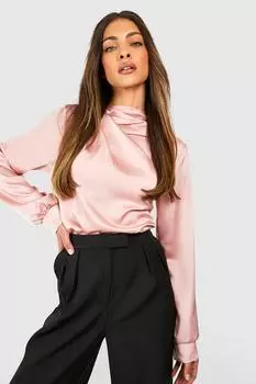 Атласная блузка с завиванным вырезом Boohoo, нюд