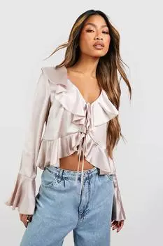 Атласная блузка с завязками и рюшами boohoo, бежевый