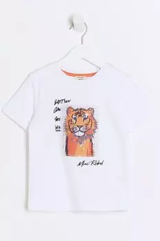 Атласная футболка для мальчика с тигровым мотивом River Island, белый