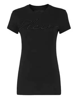 Атласная футболка с круглым вырезом SS Вышитая подпись PHILIPP PLEIN, черный