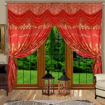 Атласная готовая штора, декоративная гардина, гардина, 300х250 см - темно-коричневый Inox Trade, красный