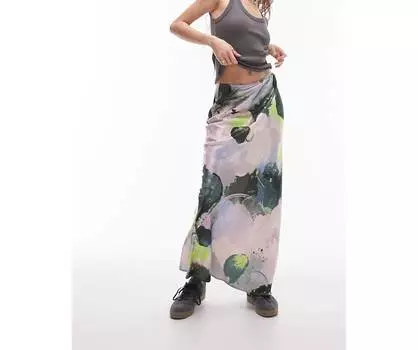 Атласная косая юбка макси с принтом в виде граффити Topshop