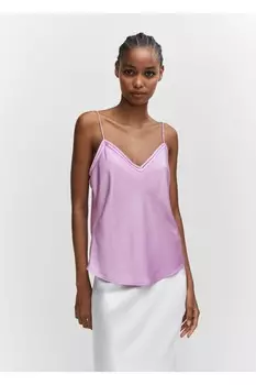 Атласная кружевная блузка Mango, фиолетовый