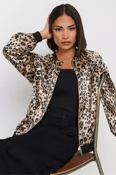 Атласная куртка бомбер с анималистичным принтом Pixiegirl Petite, коричневый