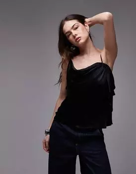 Атласная майка с двумя бретелями и оборкой черного цвета Topshop