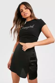 Атласная мини-юбка с изогнутым номом Boohoo, черный
