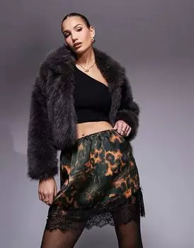 Атласная мини-юбка с кружевной отделкой с леопардовым принтом River Island