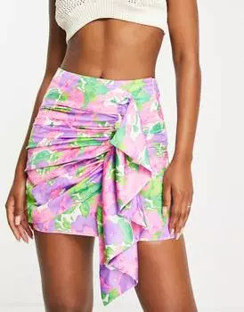Атласная мини-юбка с рюшами ярко-фиолетового цвета ASOS DESIGN
