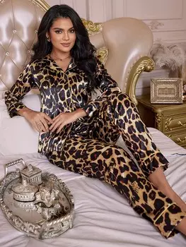 Атласная пижама Luxe Nights, леопардовый узор, контрастный вырез Shein, мультиколор