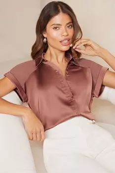 Атласная пуговица с коротким рукавом через рубашку Lipsy, розовый