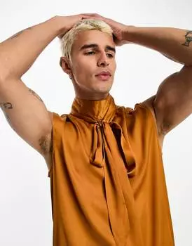 Атласная рубашка бронзового цвета без рукавов с завязками на шее ASOS DESIGN