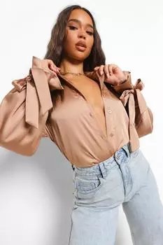 Атласная рубашка оверсайз с завязками и манжетами Boohoo, нюд