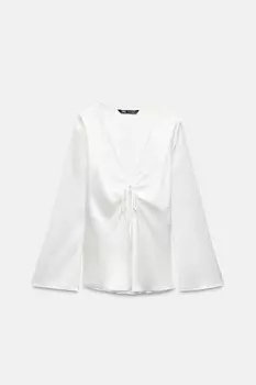 Атласная рубашка с бантом ZARA, белый