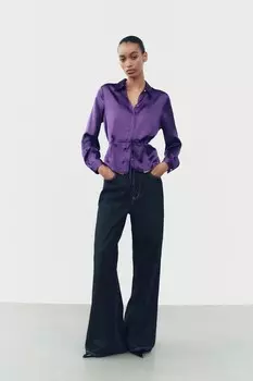 Атласная рубашка с бантом ZARA, фиолетовый