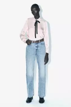Атласная рубашка с бантом ZARA, пастельно-розовый