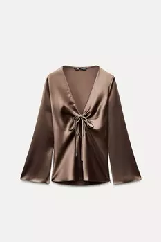 Атласная рубашка с бантом ZARA, шоколад