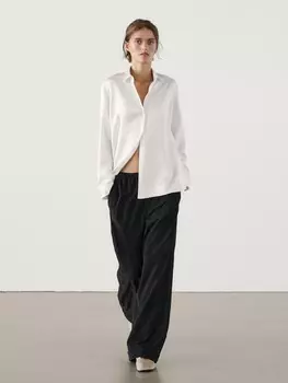 Атласная рубашка с длинными рукавами и разрезами Massimo Dutti, белый