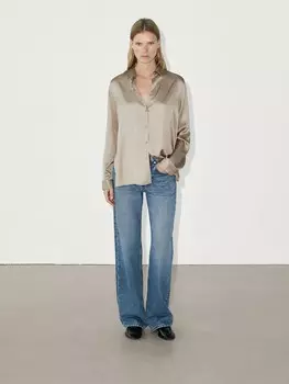 Атласная рубашка с длинными рукавами и разрезами Massimo Dutti, бежевый