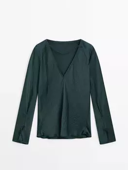 Атласная рубашка с длинными рукавами Massimo Dutti, зеленый