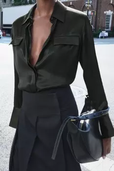 Атласная рубашка с карманами ZARA, темный антрацит
