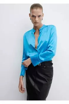 Атласная рубашка с круглым воротником Mango, бирюзовый