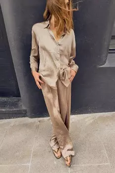 Атласная рубашка с мятным эффектом ZARA, мид кэмел
