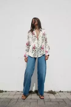 Атласная рубашка с принтом ZARA, цвет Ecru/Red