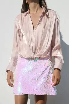 Атласная рубашка с узлом ZARA, пастельно-розовый