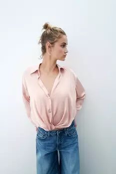 Атласная рубашка с узлом ZARA, светло-розовый