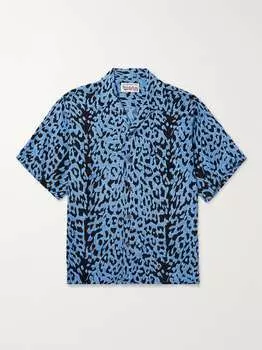 Атласная рубашка с воротником-стойкой и леопардовым принтом WACKO MARIA, нави