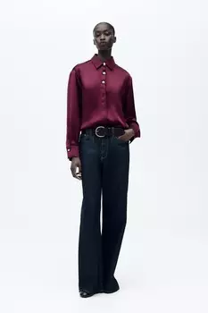 Атласная рубашка с золотыми пуговицами ZARA, бордовый