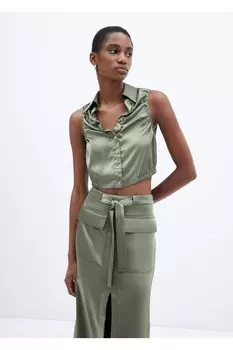 Атласная рубашка со сборками Mango, зеленый