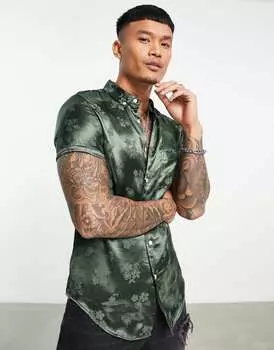 Атласная рубашка стандартного размера ASOS DESIGN из зеленого жаккарда с цветочным принтом