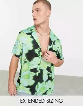 Атласная рубашка свободного кроя с широким воротником с лацканами ASOS с цветочным принтом зеленой орхидеи