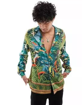 Атласная рубашка свободного кроя с воротником с лацканами ASOS с акварельным принтом
