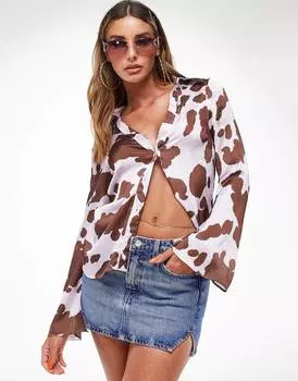 Атласная рубашка узкого кроя в стиле 90-х ASOS DESIGN 90s с коровьим принтом