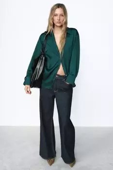 Атласная рубашка ZARA, цвет Bottle green