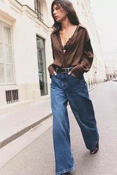 Атласная рубашка ZARA, коричневый